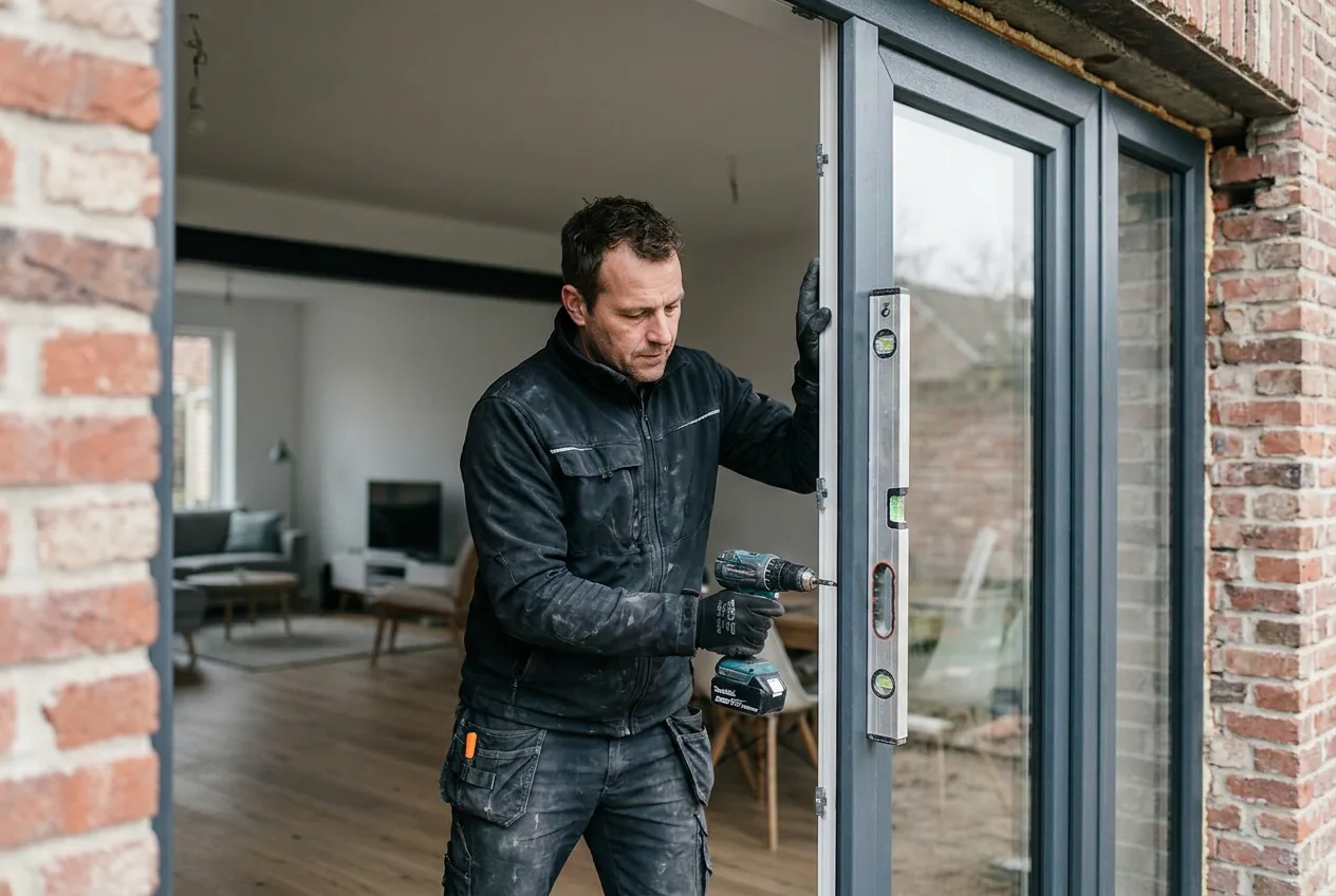 Ervaren raaminstallateur plaatst een nieuw PVC raam in een Vlaamse woning